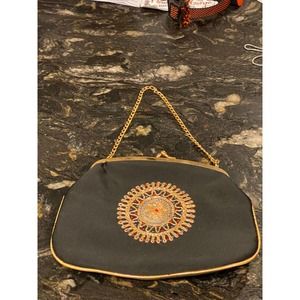Vintage black evening bag handbag satin with gold thread embroidery- Israel?